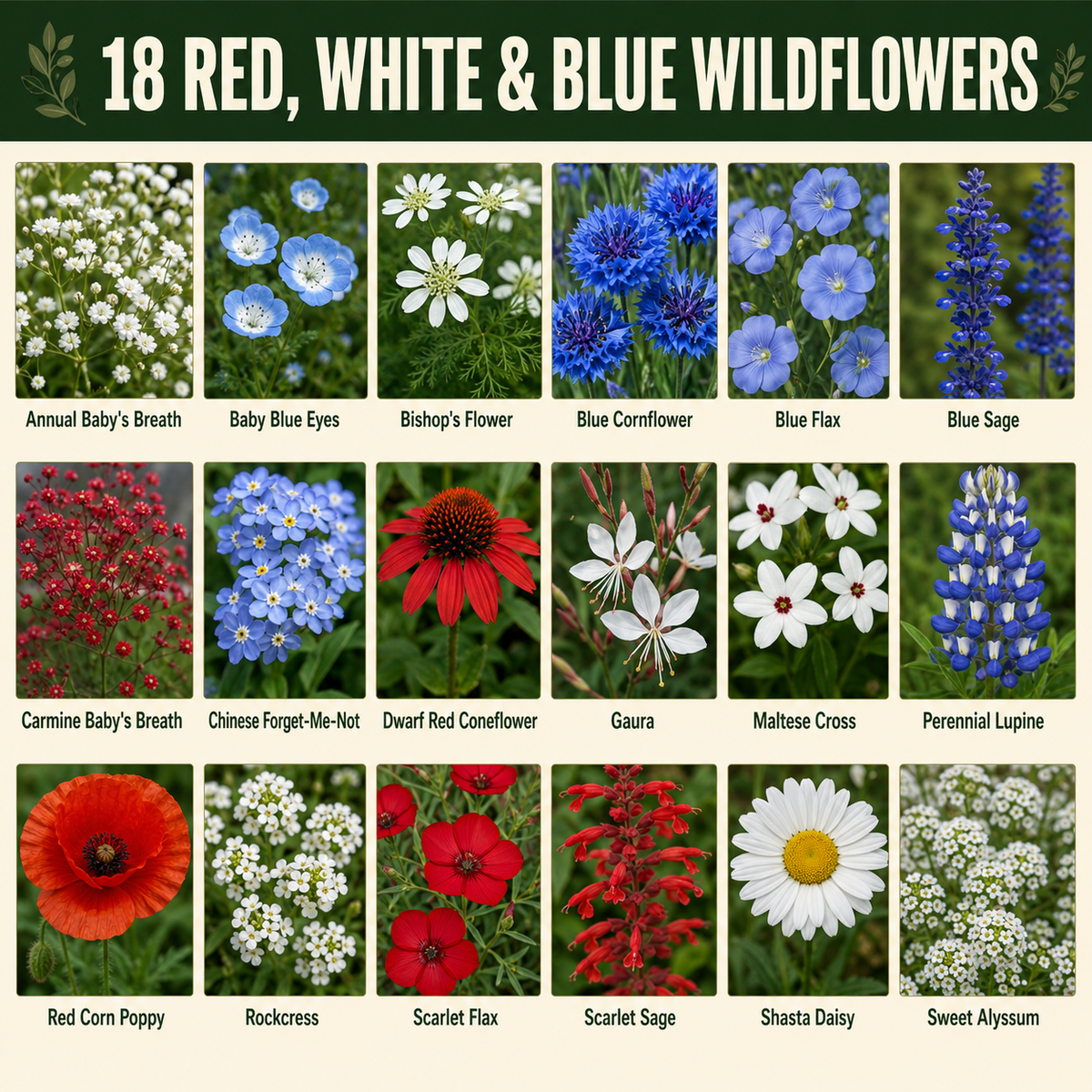 Red White and Blue Flower Variety Chart
