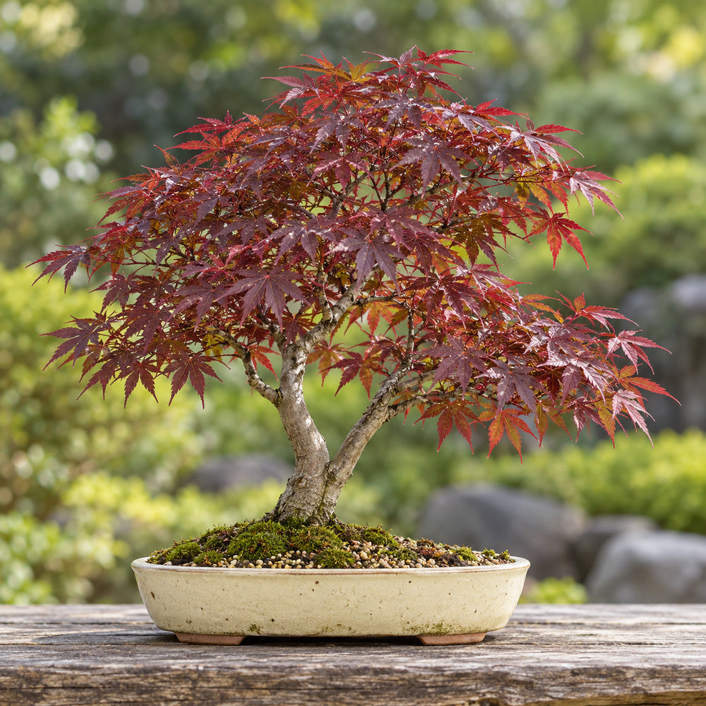 Red Japanese Maple (Acer palmatum atropurpureum) — AI-generated mature bonsai illustration
