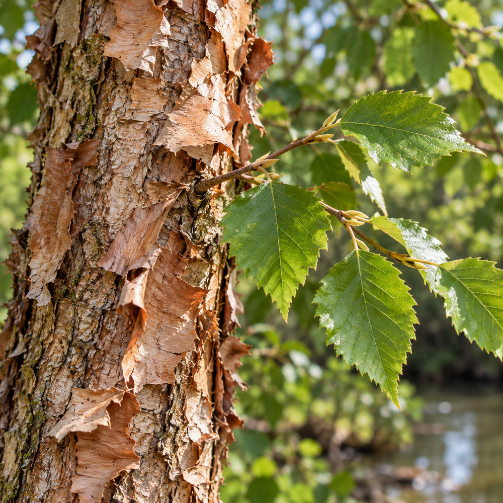 River Birch — close-up, AI-generated botanical illustration