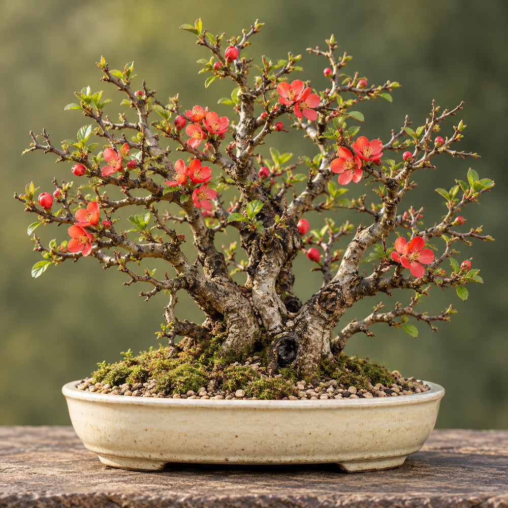 Flowering Quince (Chaenomeles speciosa) — AI-generated mature bonsai illustration