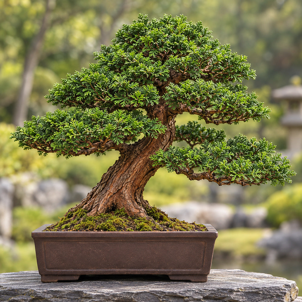 Hinoki Cypress (Chamaecyparis obtusa) — AI-generated mature bonsai illustration
