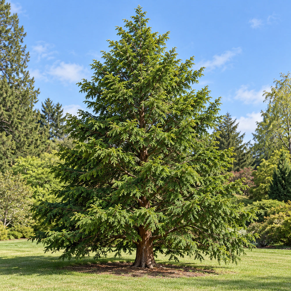 Hinoki Cypress (Chamaecyparis obtusa) — whole plant, AI-generated botanical illustration