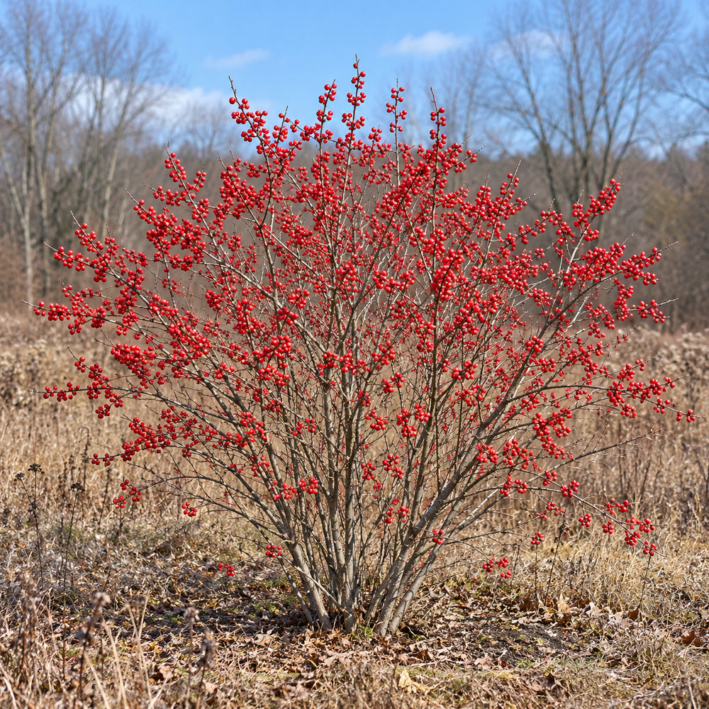 Winterberry Holly (Ilex verticillata) — whole plant, AI-generated botanical illustration
