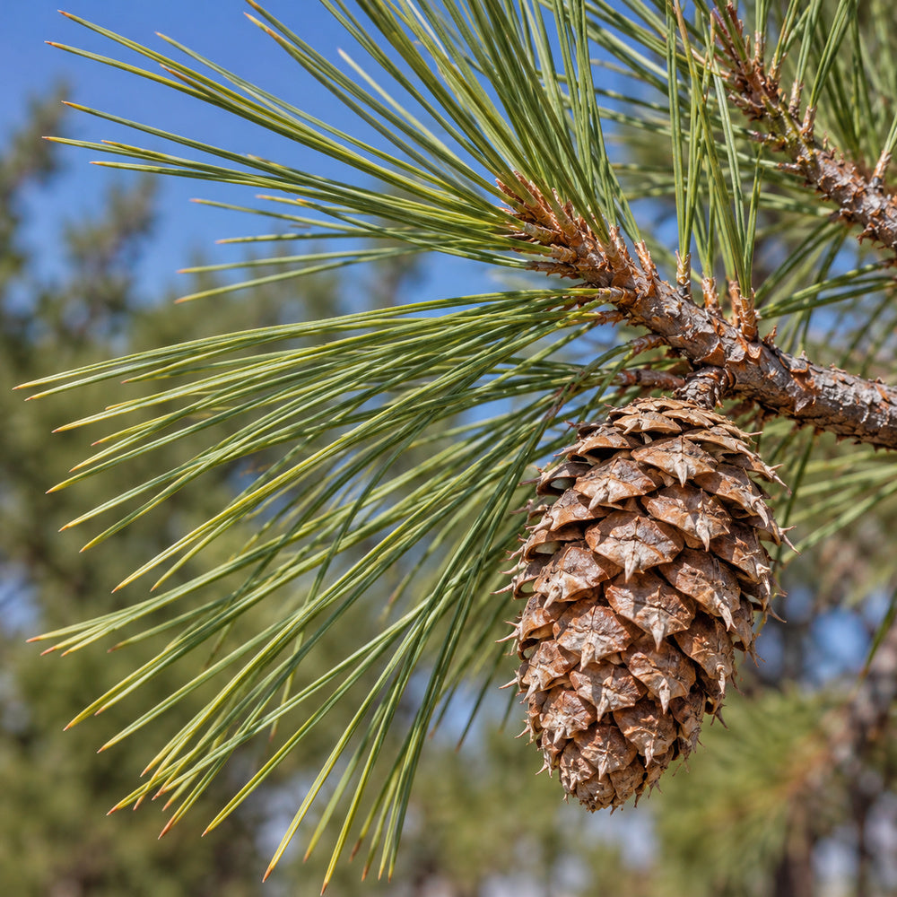 Ponderosa Pine (Pinus ponderosa) — close-up, AI-generated botanical illustration