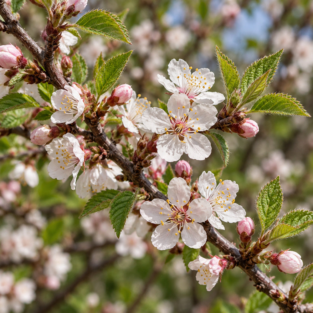 Nanking Cherry (Prunus tomentosa) — close-up, AI-generated botanical illustration