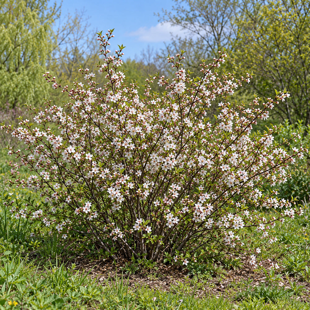 Nanking Cherry (Prunus tomentosa) — whole plant, AI-generated botanical illustration
