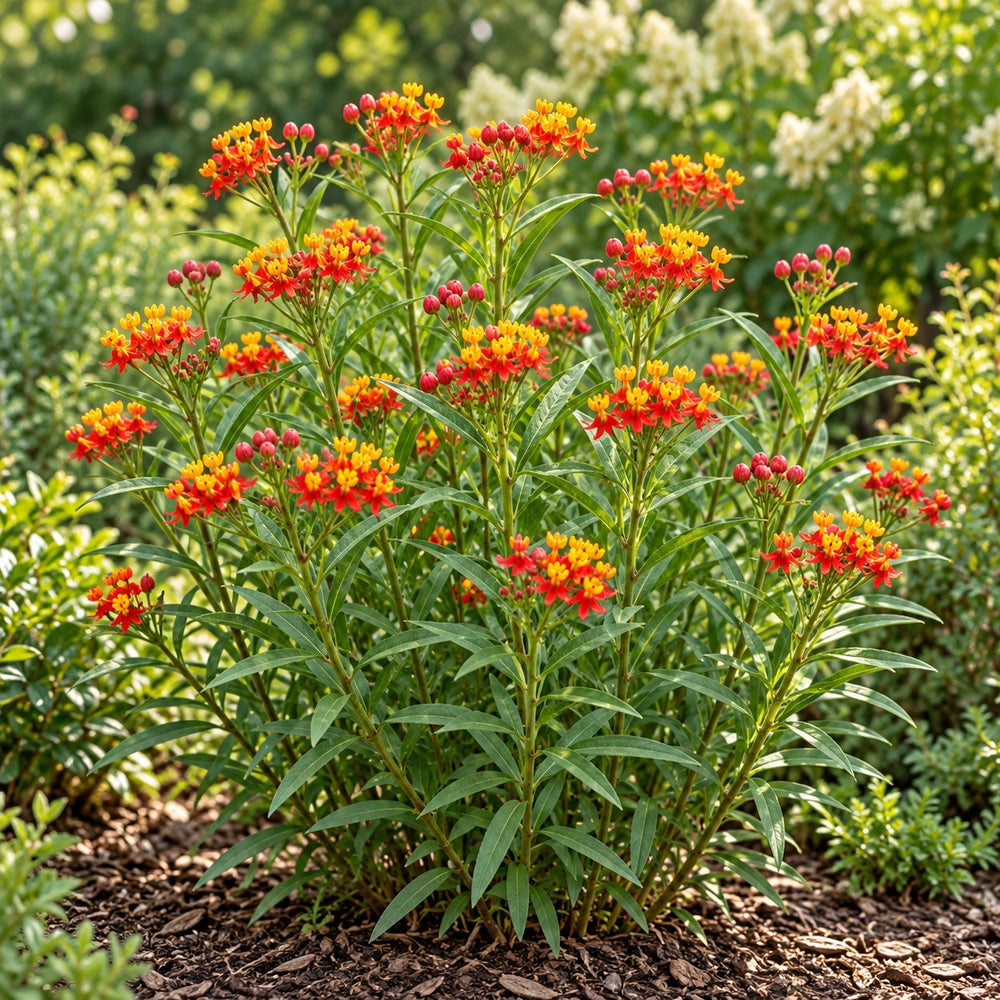 Red Butterfly milkweed (Asclepias curassavica), full flowering plant with narrow green foliage and red and yellow flowers