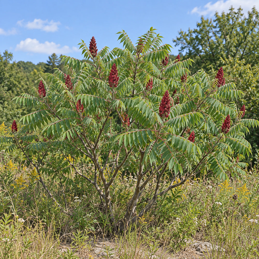 Staghorn Sumac — whole plant, AI-generated botanical illustration