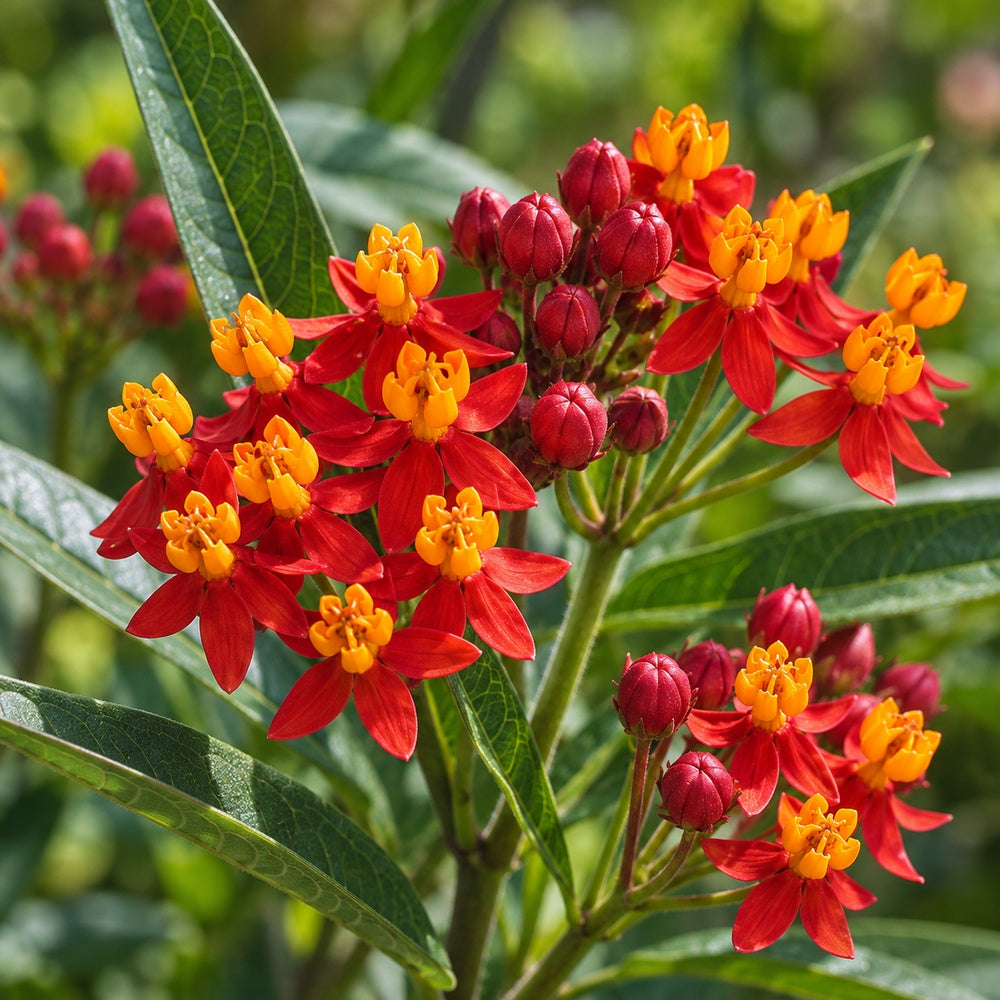 Silky Deep Red milkweed (Asclepias curassavica), flower close-up