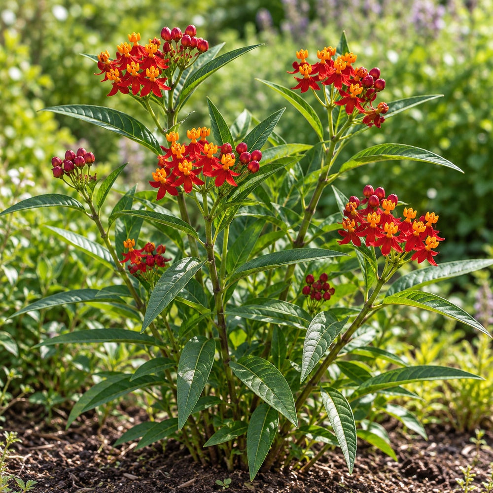 Silky Deep Red milkweed (Asclepias curassavica), full flowering plant
