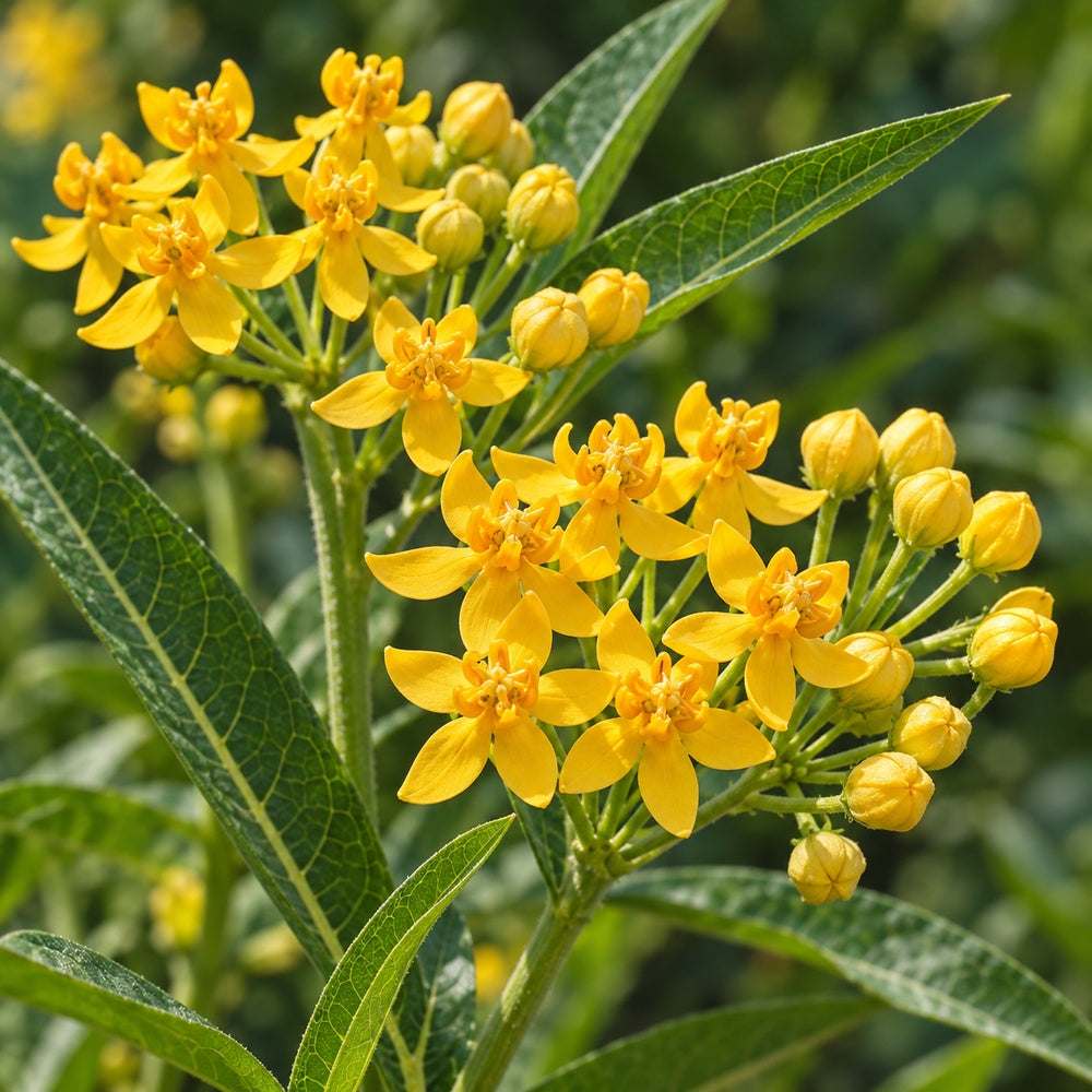 Silky Gold milkweed (Asclepias curassavica), flower close-up