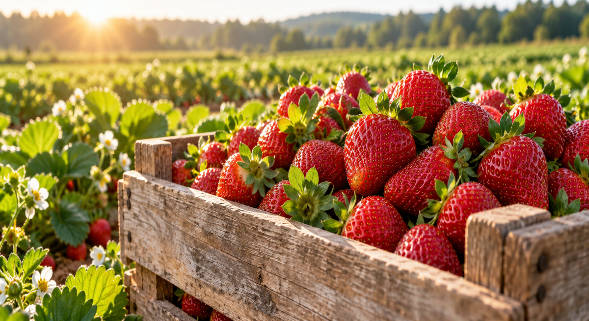 Ripe strawberries in a rustic wooden crate in a sunlit strawberry field