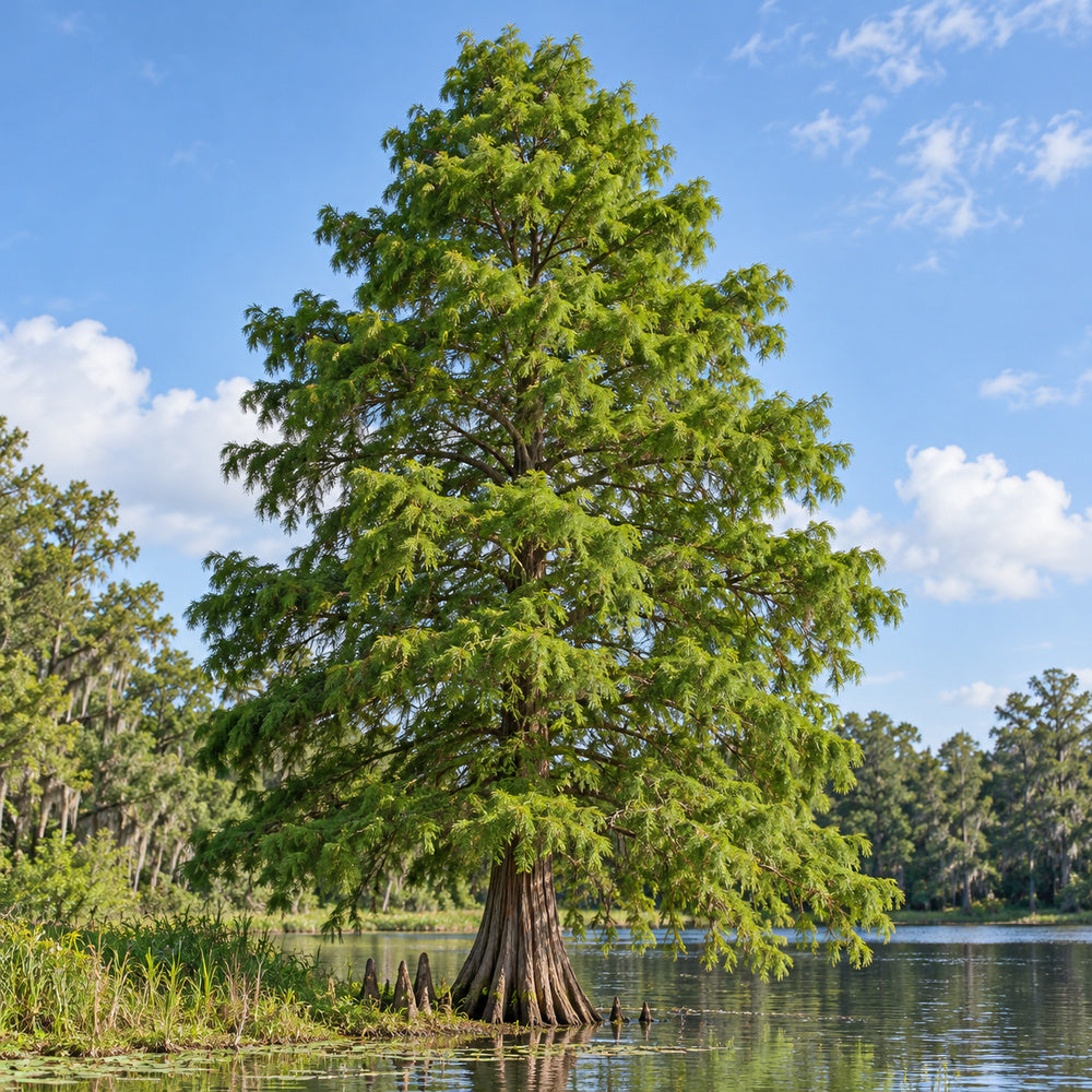 Bald Cypress — whole plant, AI-generated botanical illustration