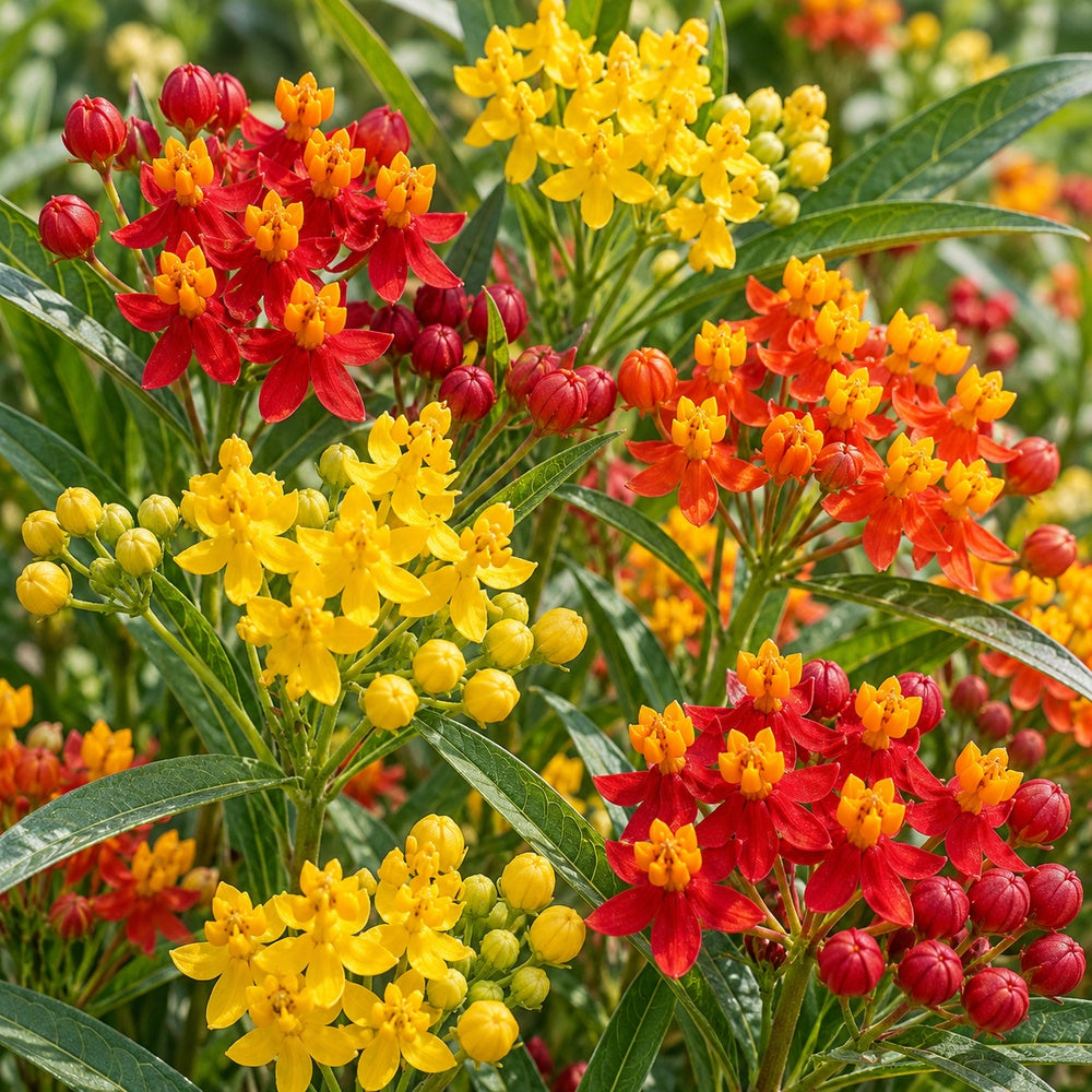 Tropical Milkweed Mix with Silky Deep Red, Silky Gold and classic red-and-yellow Asclepias curassavica flowers