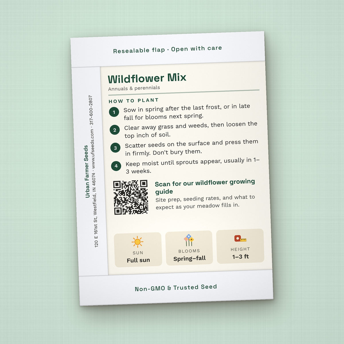 Grow With Us seed packet favor, back with planting instructions
