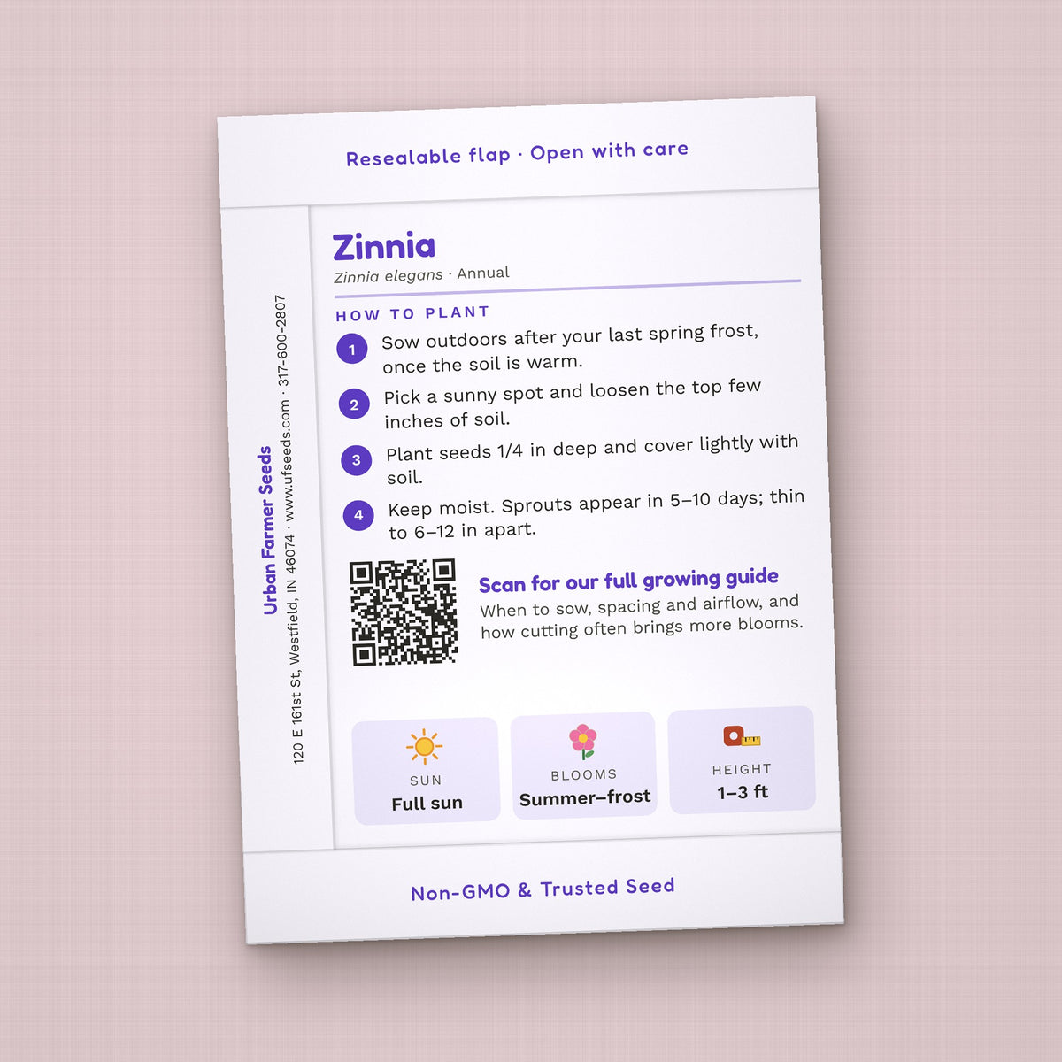 Love Grows Here Rainbow seed packet favor, back with planting instructions