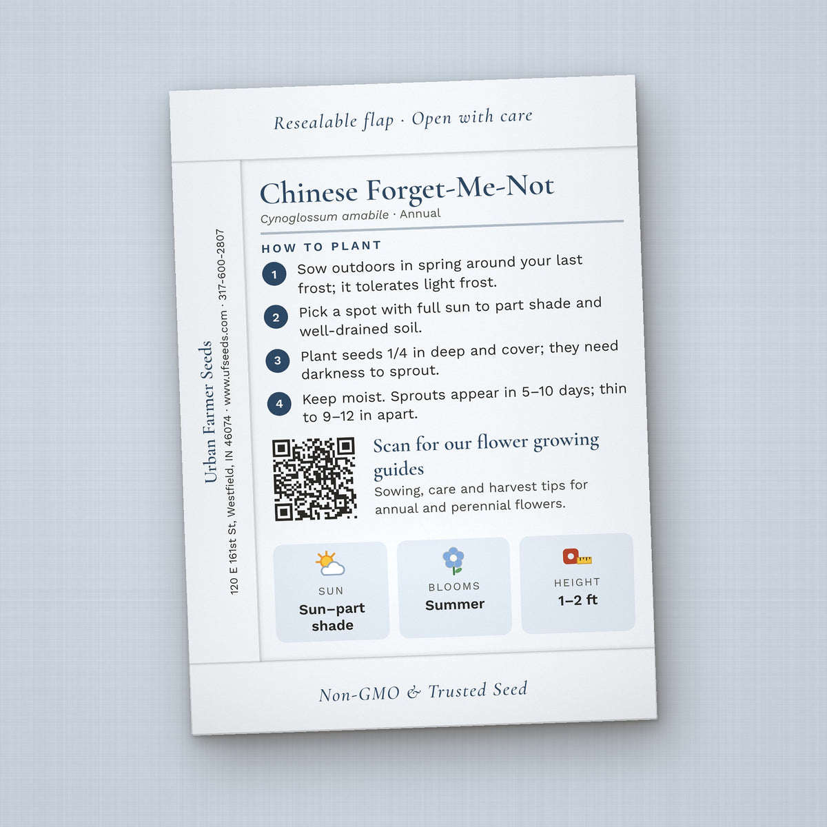 Forget Me Not seed packet favor, back with planting instructions