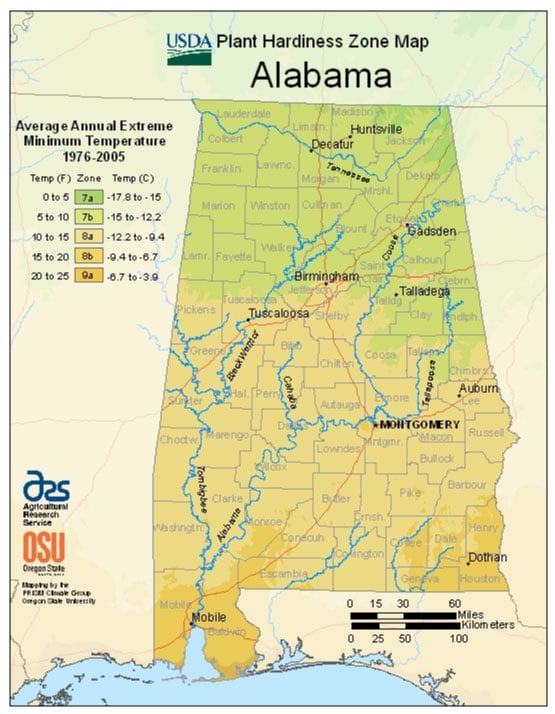 Alabama Zone Hardiness Map