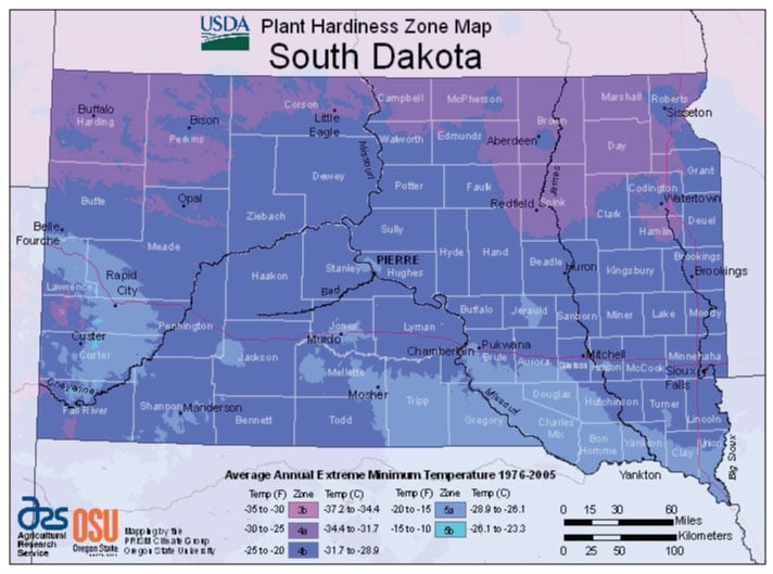 South Dakota Zone Hardiness Map