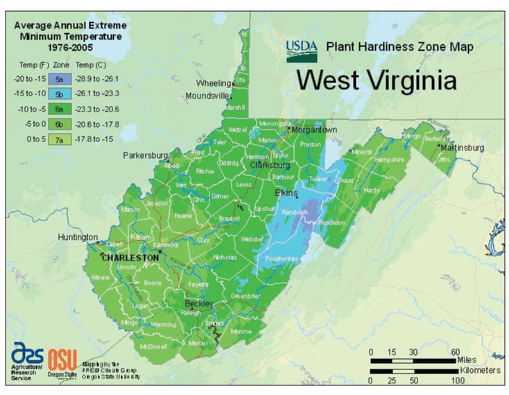 West Virginia Zone Hardiness Map