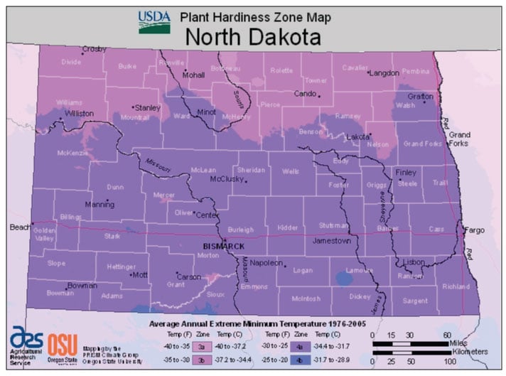 North Dakota Zone Hardiness Map