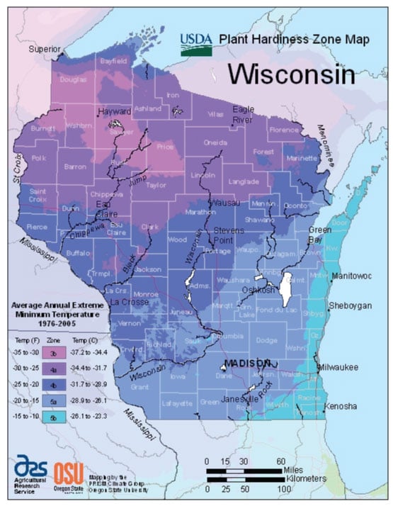 Wisconsin Zone Hardiness Map